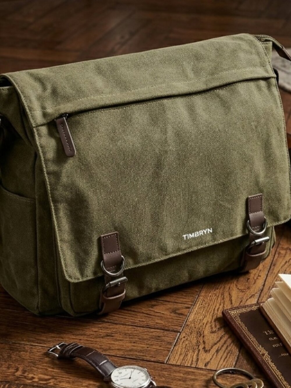 TIMBRYN Premium Canvas & Leather Messenger Bag  | Vintage Crossbody Satchel - Picture 4 of 16